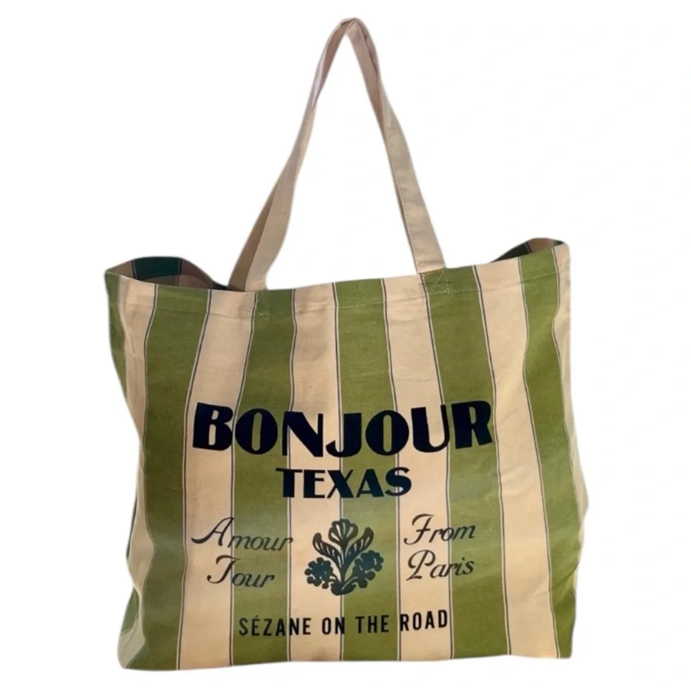 NWOT - Sézane Bonjour Texas Canvas Tote Bag Green Stripes - Picture 10 of 13